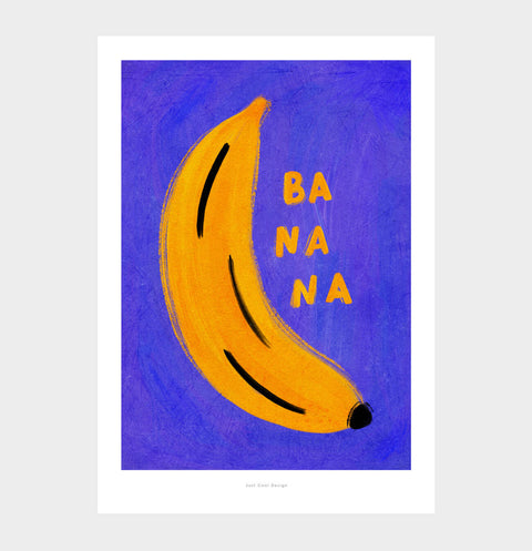 Playful hand-painted banana on electric blue background, modern bold graphic art print perfect for cheerful home wall decor.