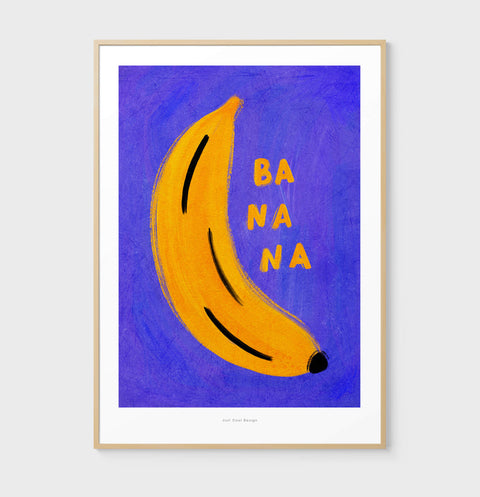 Bright yellow banana illustration with “BA NA NA” text, vibrant fruit art print for colorful kitchen or dining room decor.
