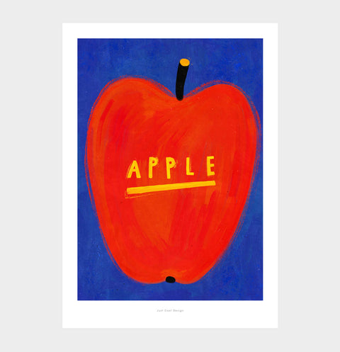 Vibrant red apple art print with playful yellow lettering, modern food-inspired art print for dining room or home kitchen.