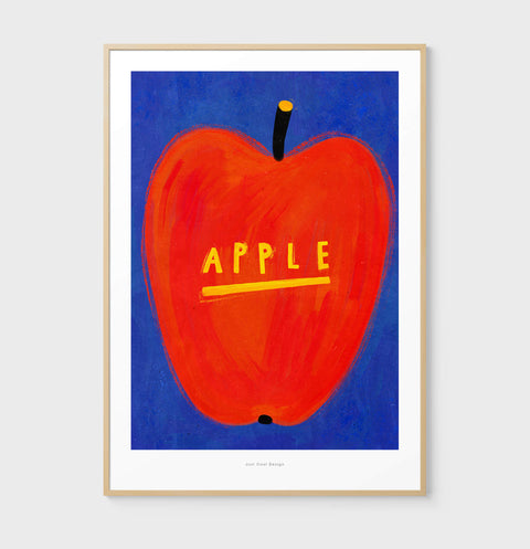 Bold red apple illustration on deep blue background with yellow “APPLE” text, colorful fruit wall art for kitchen decor.