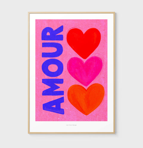 Colorful hearts illustration with “AMOUR”, bold French love wall art, vibrant poster for romantic home decor.