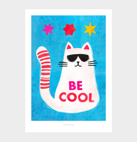 Graphic poster of cheeky cat in shades with hand-lettered “be cool,” bold art print for bedroom or studio wall decoration.