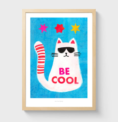 Colorful cat illustration with sunglasses and “be cool” quote, playful wall art print for cat lovers and modern decor.