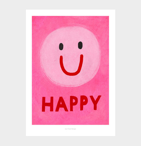 Happy – Pink Smiling Face Emoji Style Illustration Art Print