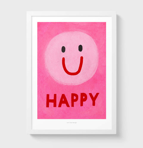 Happy – Pink Smiling Face Emoji Style Illustration Art Print