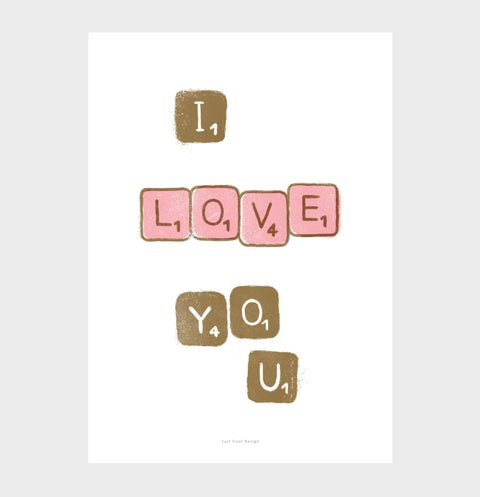 I love you posters with scrabble tiles letters with the words "I love you". poster I love you and love wall art with blush pink and gold colors.
