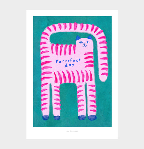 This nursery print is a cat wall art featuring a hand painted illustration of a pink cat with long tail and the quote "purrrfect day" meaning a perfect day. Inspirational wall art with positive message for artsy and cool nursery rooms.