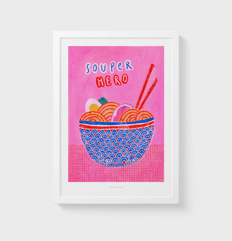Soup-er Hero illustration wall art print with japanese ramen soup illustration