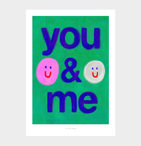 You & Me illustration wall art print with bold letters and cute smiley faces. Illustrated typography poster