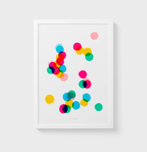 Confetti wall art print, multicolor wall art with abstract colorful circles like confetti. Fun wall art and bright wall art.