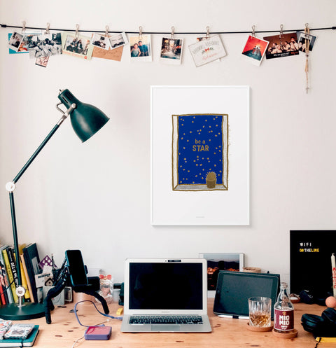 Inspirational work from home office wall art print featuring a window and stars illustration and the quote Be a star.