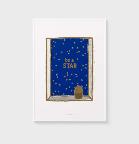 Inspirational "Be A Star" wall art featuring a navy blue sky with golden stars, motivational print for kids’ rooms and nurseries.