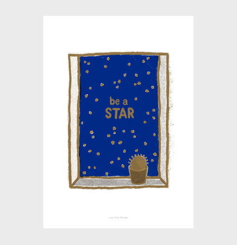 Motivational starry night illustration with gold accents, “Be A Star” inspirational art print perfect for home offices and children’s bedrooms.