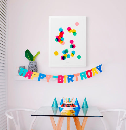 Confetti wall art print living room posters for colorful interiors. Modern Illustration wall art colorful. Modern colorful wall art for bright living rooms.