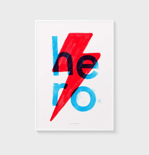 Superhero wall art featuring an illustrated lightning bolt with red and blue colors. Hand painted typography wall art hero print. Nordic art and minimalist prints with bold and bright colors.
