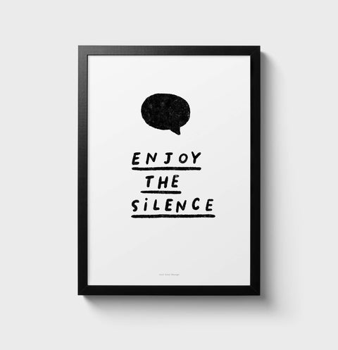 Enjoy the silence black and white quote prints for bedroom with the phrase "enjoy the silence" and an illustrated black and empty speech bubble. Inspirational wall quotes.
