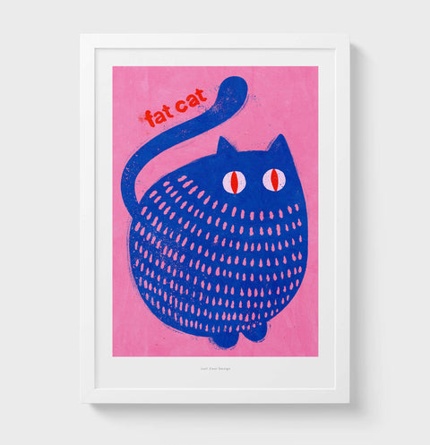 Cute blue and very fat cat illustration | Fat cat illustration art print | Illustrated cat wall art print
