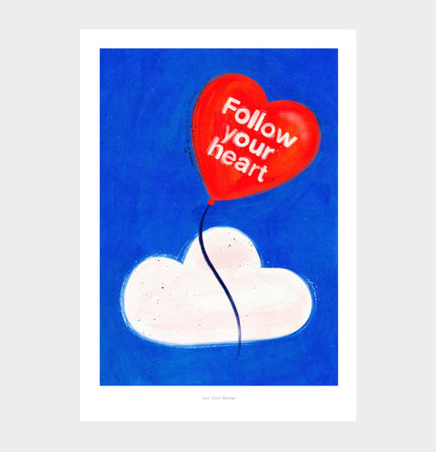 Follow your heart illustration art print. Illustration of a balloon heart flying away on sky. Heart wall art print