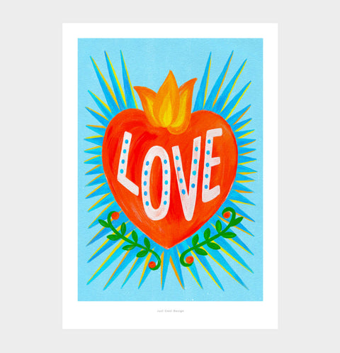 Mexican heart poster print, Hand painted word "Love" in white typography on a vibrant red heart with bold color palette and mexican folklore art inspired heart pattern. Love wall art.