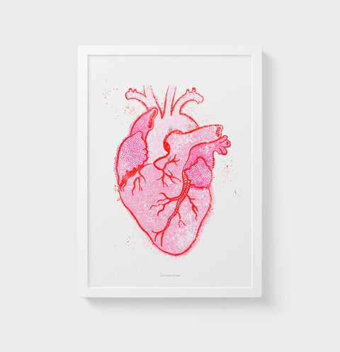 Bright pink anatomical heart illustration, retro vintage wall art with gritty texture for eclectic home or medical decor.