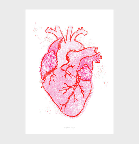 Bold graphic print of human heart in pink on white background, grunge-inspired anatomical art for modern or hip interiors.