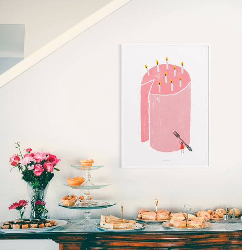 Pink birthday cake illustration art print featuring a huge cake with candles and a little women holding a big fork.