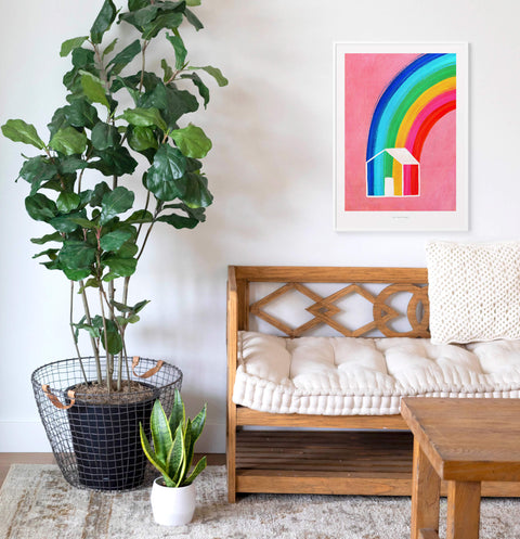 Simple House Illustration Print with Colorful Rainbow - Happy Home Wall Art