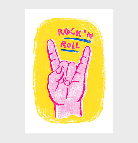 Rock and roll posters. Retro art prints featuring a pink hand and hand painted words saying Rock and roll. Rock music posters for women bedroom. Indie Rock posters prints music. Yellow and pink wall art.