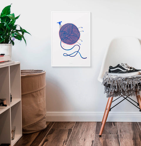 Funny sheep illustration wall art print featuring a sheep that seems a ball of wool. This fun animal art print is hanging in a contemporary living room.
