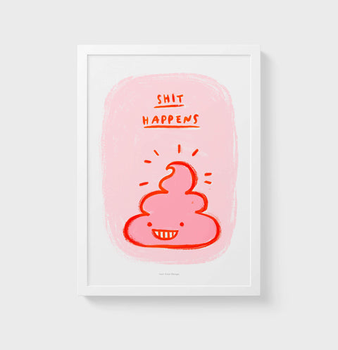 Shit Happens – Cute Pink Poop Illustration Print - Funny Bathroom Wall Art