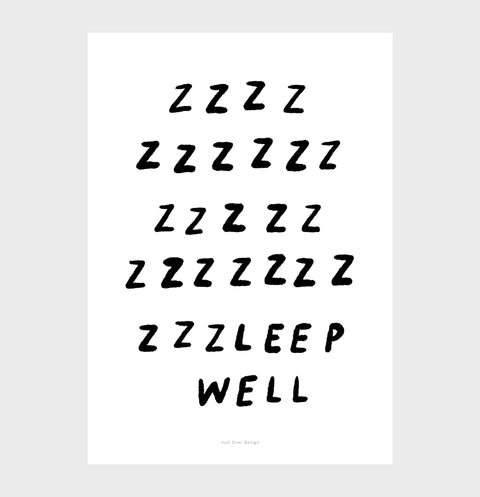 Bedroom quotes prints for above the bed featuring a hand lettered quote in black and white saying "sleep well"
