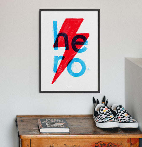 Cool superhero wall art, funky typography poster, illustrated prints and wall posters for bedroom. Blue and red bright wall art living room posters
