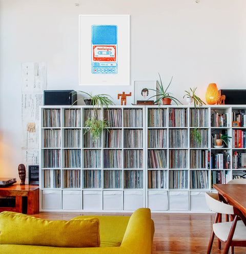 tape cassette art in eclectic modern living room. Minimalist prints and living room posters. Graphic art prints and funky wall art prints music wall art