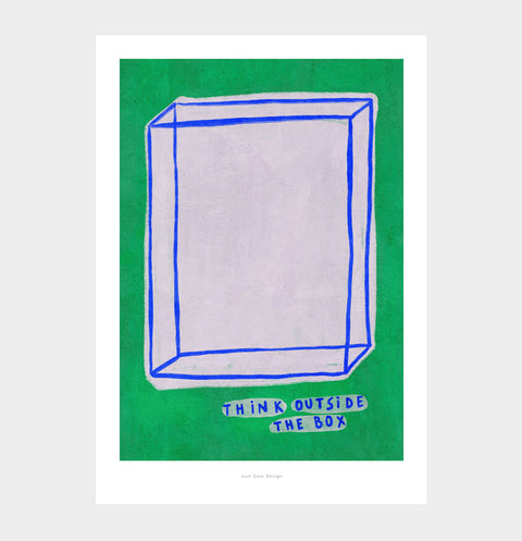 Think outside the box quote print with a line art illustration of a big box and hand painted typography saying "think outside the box". Bold and colorful painting.