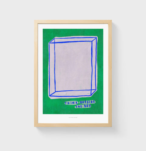 Think outside the box painting, featuring a bold and graphic blue line art drawing of a big box and the quote "think outside the box". Colorful wall art print illustration.