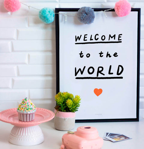 "Welcome to the World" Baby Wall Art – Cute Black & White Nursery Quote Print