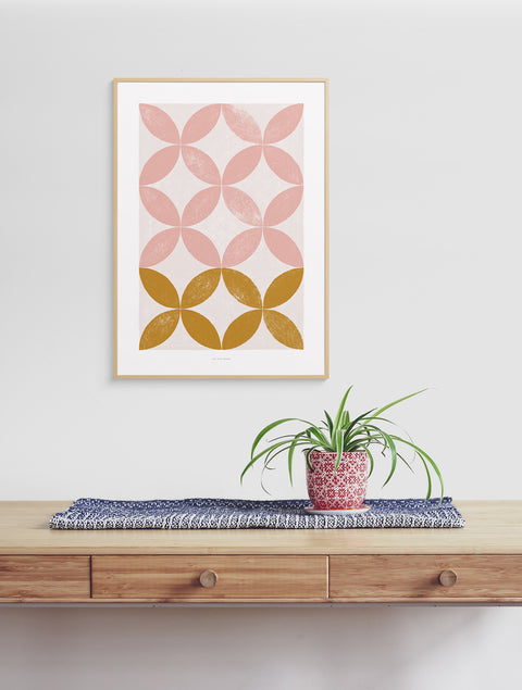 Pink floral geometric wall art for scandinavian interior style