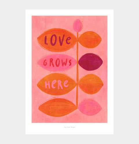Illustration art print features a bold flower, paired with the inspiring quote "love grows here". Flower illustration with warm color palette with warm color palette