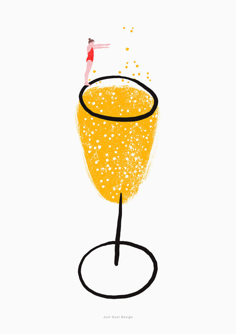 Champagne art print featuring a bold and colorful illustration of a glass of champagne and a women about to jump into the champagne. Fun illustration and inspirational wall art.