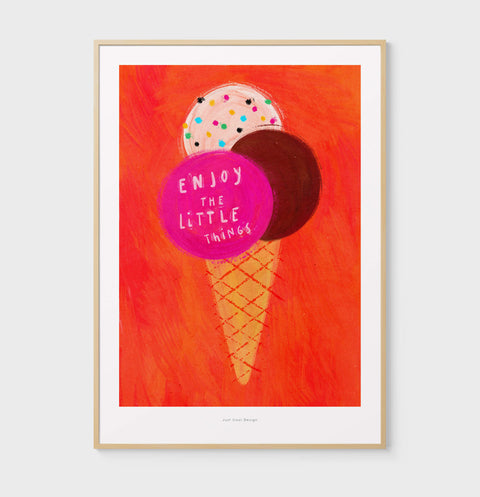 Ice cream illustration art print saying "Enjoy the little things". Colorful ice cream illustration wall art