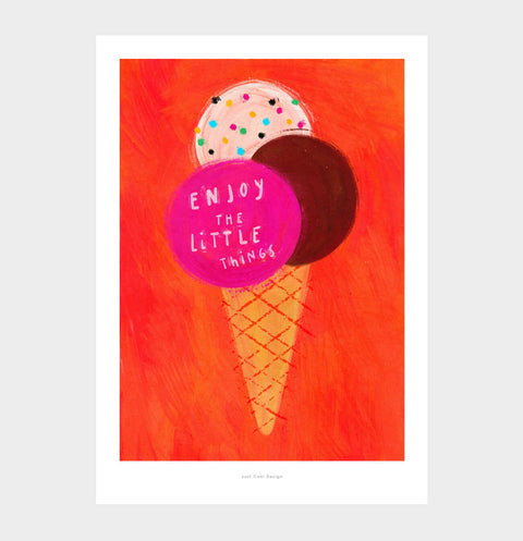 Ice cream illustration art print saying "Enjoy the little things". Colorful ice cream illustration wall art print
