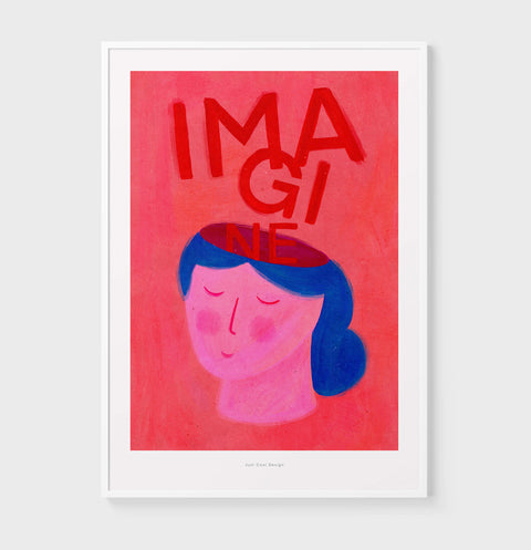 Illustration art print featuring a woman head and big bold typography letters saying "Imagine" coming out of her head. Woman wall art print.
