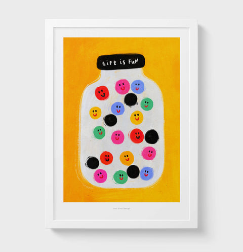 Illustration of a candy jar full of smiling faces. Life is fun illustration wall art print. Funny illustration print