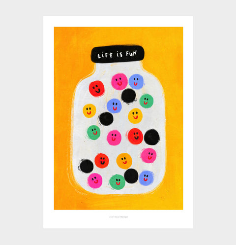 Illustration of a candy jar full of smiling faces. Life is fun illustration wall art print. Funny illustration print
