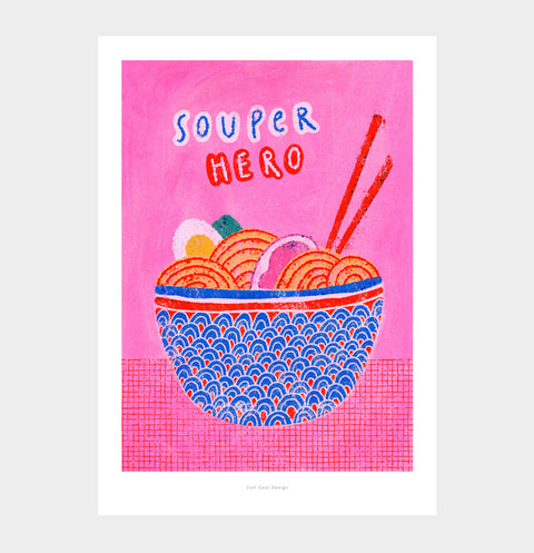 Pink Soup-er Hero illustration wall art print with japanese ramen soup illustration and hand lettered typography
