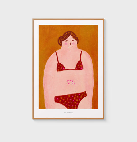 Women wall art featuring an illustration of a curvy woman in bikini and a hand painted phrase saying sexy bitch for a body positive message.