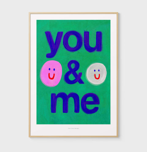 You & Me illustration wall art print with bold letters and cute smiley faces. Illustrated typography poster