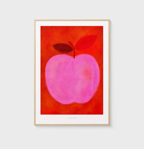 Apple poster, whimsical fruit illustration wall art for kitchen featuring a hand painted pink apple and red background