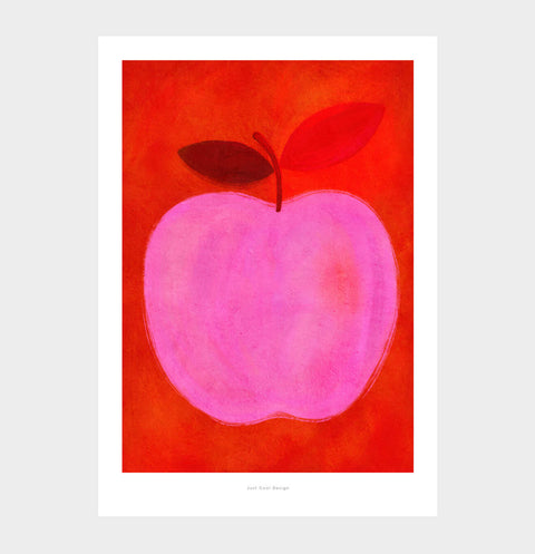 Kitchen art prints, apple Illustration wall art print, pink apple with painterly brush strokes on red background