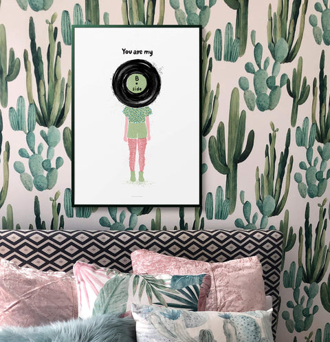B side vinyl record illustration music prints, music poster for above bed, bedroom prints for girls. Gift for girlfriend, art prints music.